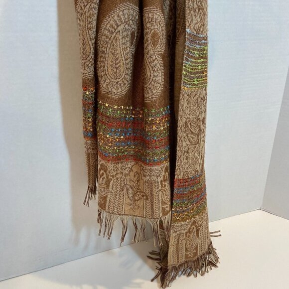 Oversized tan and multi-color paisley embroidered scarf - Picture 5 of 8